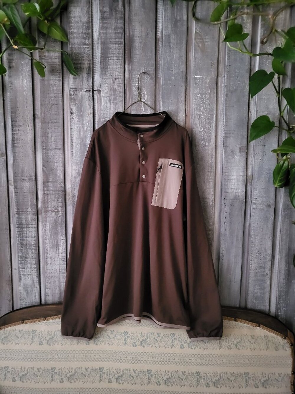 Reebok Snap Button Mock Neck Pullover Fleece Sweatshirt Brown Mens XL NWOT